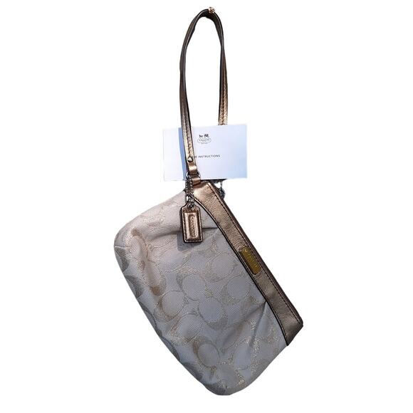 Coach Gold Metallic Logo Wristlet 7"x5" Beige, Zipper, interior pocket, fabric - Picture 1 of 9
